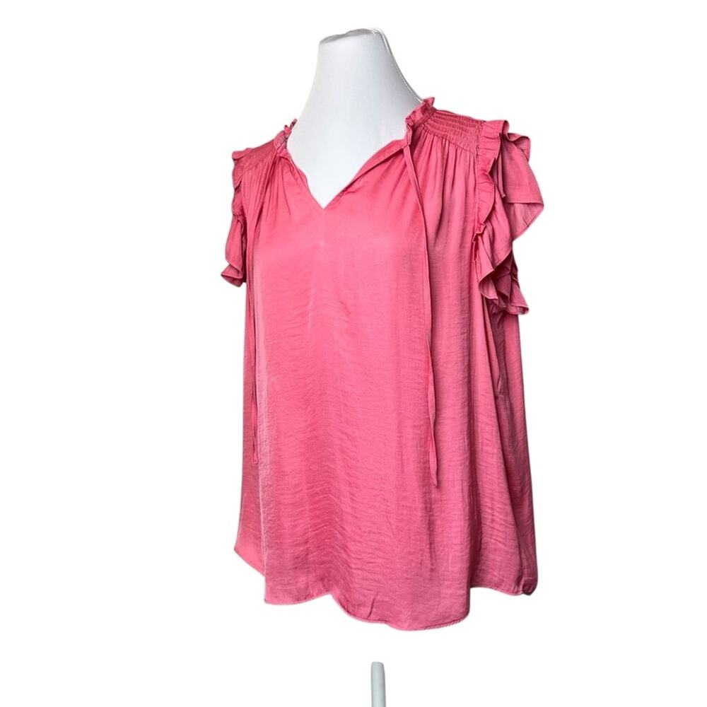 Rachel Zoe Top Size M Watermelon Pink Ruffle Flutter Sleeves Loose Fit Silky